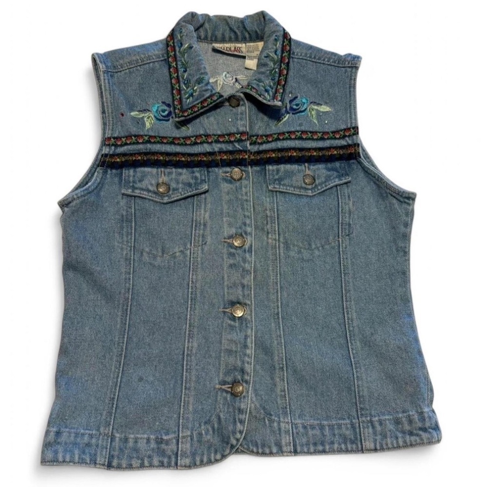 Vintage y2k Embroidered Floral Denim Vest Women's Medium Distressed Cottagecore